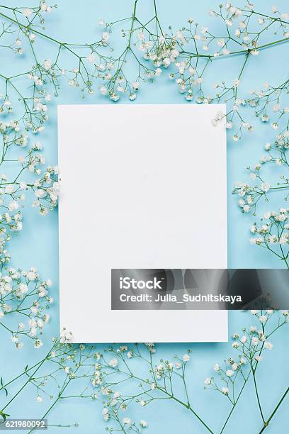 Wedding Floral Mockup With Paper Note Flowers Gypsophila Flat Lay-foton och fler bilder på Bord