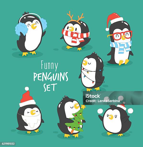Merry Christmas Penguins Set Stock Illustration - Download Image Now - Animal, Art, Art And Craft