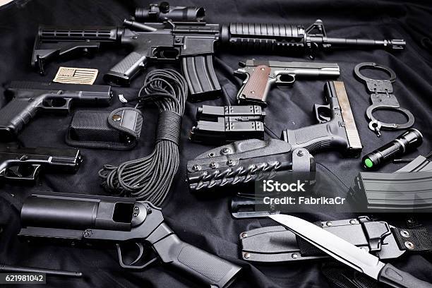 Modern Weapon On Black Background Stock Photo - Download Image Now - Ammunition, Army, Backgrounds