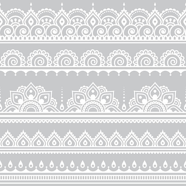 Mehndi, Indian Henna tattoo seamless white pattern on grey background Repetitive vector ornament - orient traditional style on grey culture of india stock illustrations