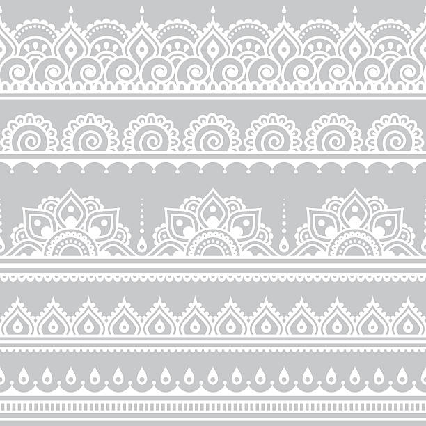 Mehndi, Indian Henna tattoo seamless white pattern on grey background Repetitive vector ornament - orient traditional style on grey henna stock illustrations