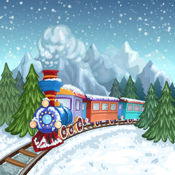 bunter zug mit grauem rauch - locomotive steam train train snow stock-grafiken, -clipart, -cartoons und -symbole