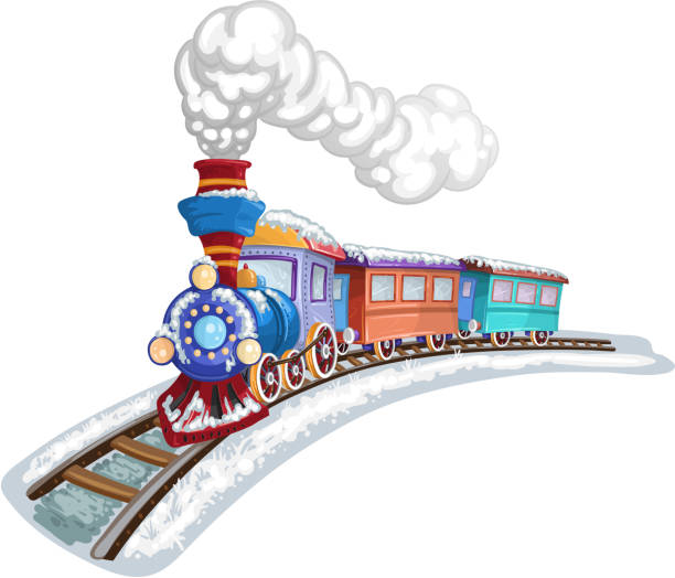 ilustraciones, imágenes clip art, dibujos animados e iconos de stock de tren de colores cubierto de nieve - locomotive steam train train snow