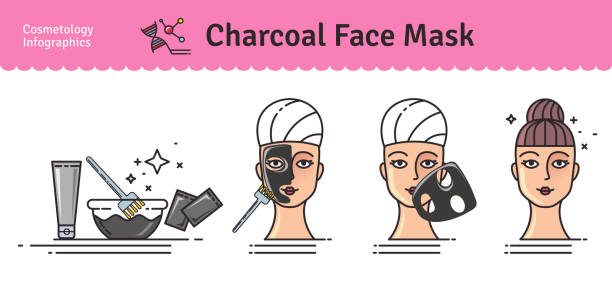 ilustrações de stock, clip art, desenhos animados e ícones de vector illustrated set with activated charcoal face mask - peel off