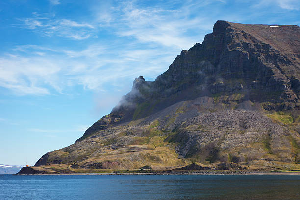 Lightouse in Bolungarvik below the Oshlid mountain, The Westfjords, Iceland.