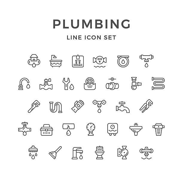 ilustraciones, imágenes clip art, dibujos animados e iconos de stock de establecer iconos de línea de plomería - plumber