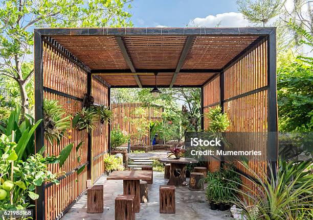 Architecture Building Wooden Exterior In Garden Stock Photo - Download Image Now - Wood - Material, Outdoors, Woodland