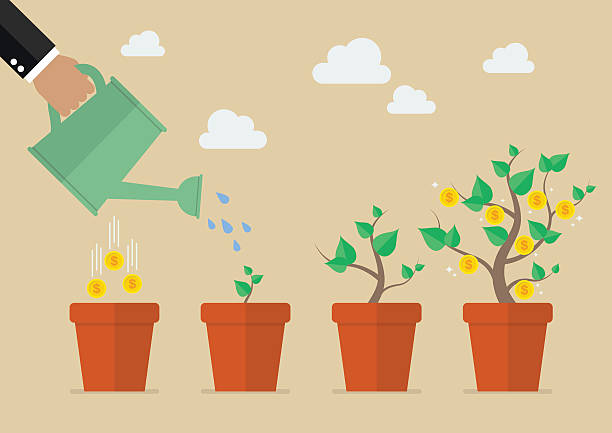 Hand with can watering money tree Hand with can watering money tree. Financial growth concept. watering can stock illustrations
