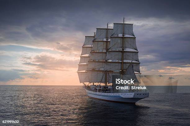 Ancient Sailing Ship In The Sea Stock Photo - Download Image Now - Tall Ship, Sailing Ship, Sailboat