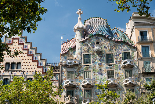 Barcelona, Spain - July 12, 2016: Barcelona (Catalunya, Spain): artistic buildings along the Passeig de Gracia. Casa Batllo