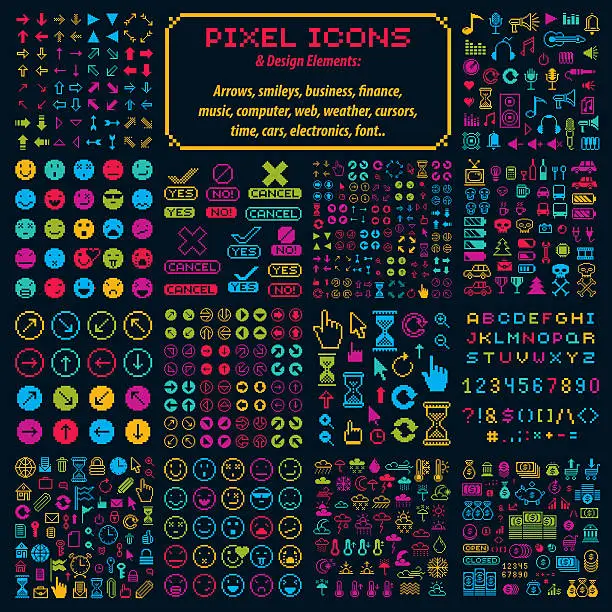 Vector illustration of Vector flat 8 bit icons, collection of geometric pixel symbols