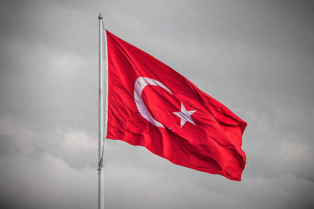 istock Turkey flag in the wind on a BW background 621994556