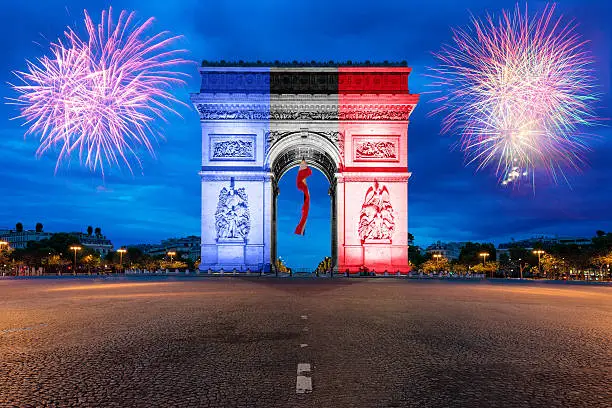 Arc de Triomphe Paris and Champs Elysees with New year firewoks at Paris, France.