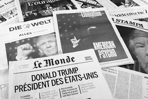 Antibes, France - November 10, 2016: European newspapers react to the election of Donald Trump as President of the United States of America.