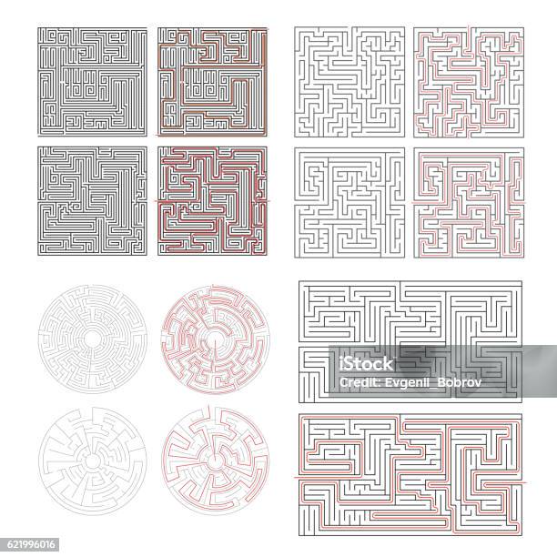 Set Of Different Labyrinths With Solutions On White Stock Illustration - Download Image Now