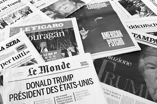 European Newspapers React to Donald Trump Election Antibes, France - November 10, 2016: European newspapers react to the election of Donald Trump as President of the United States of America. hillary clinton stock pictures, royalty-free photos & images