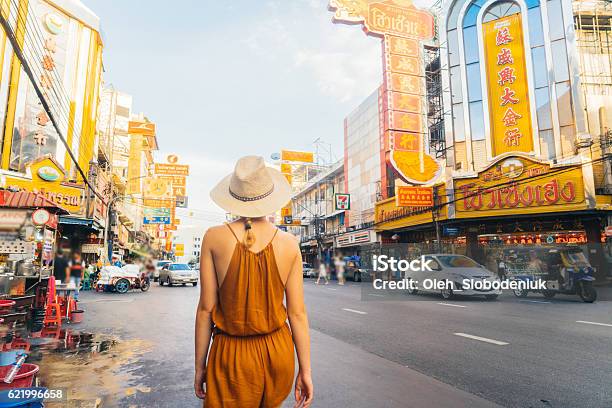 Woman Walking In Chianatown Stock Photo - Download Image Now - Bangkok, Thailand, Street