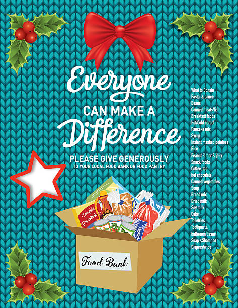 Knitted Sweater Food Bank Donation Collection Poster Knitted Sweater Food Bank Donation Collection Poster. Box filled with groceries to donate to a local food bank. Ideal for a local food drive. Has a list of suggested non-perishable items. holiday food drive stock illustrations