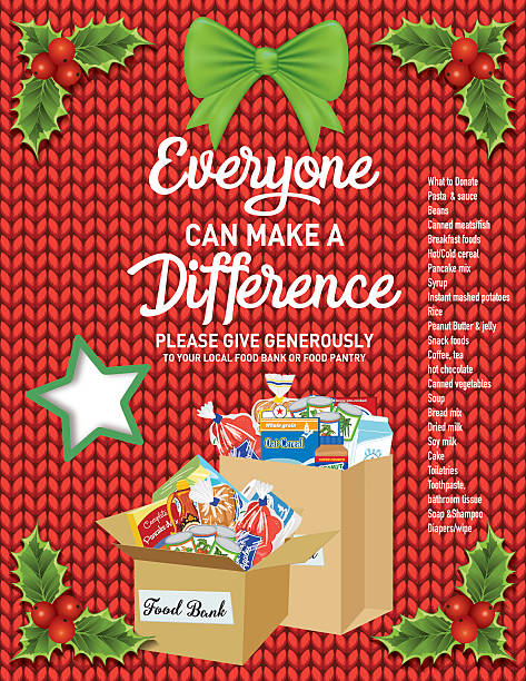 Knitted Sweater Food Bank Donation Collection Poster Knitted Sweater Food Bank Donation Collection Poster. Paper bag filled with groceries to donate to a local food bank. Ideal for a local food drive. Has a list of suggested non-perishable items. holiday food drive stock illustrations