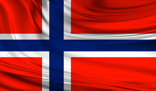 National waving flag of Norway on a silk drape