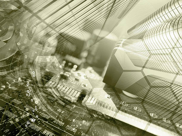 Digits, buildings and map - abstract computer background in sepia.