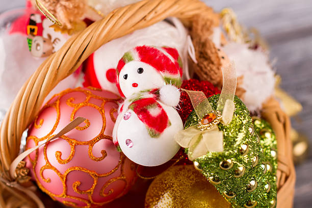 istock Snowman with Christmas balls in the basket. 621999030