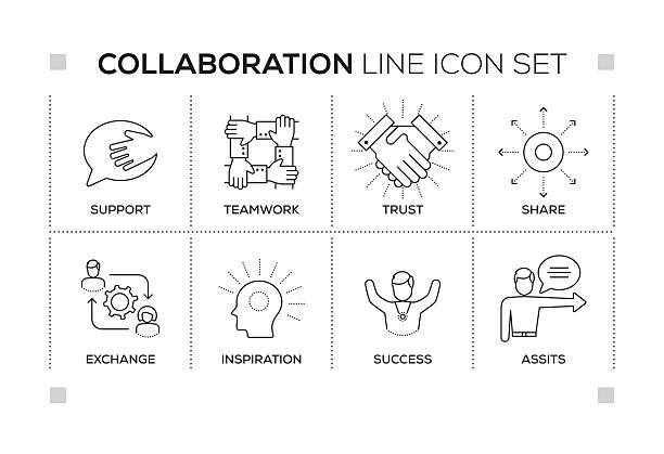 ilustrações de stock, clip art, desenhos animados e ícones de collaboration keywords with monochrome line icons - exchanging connection symbol computer icon