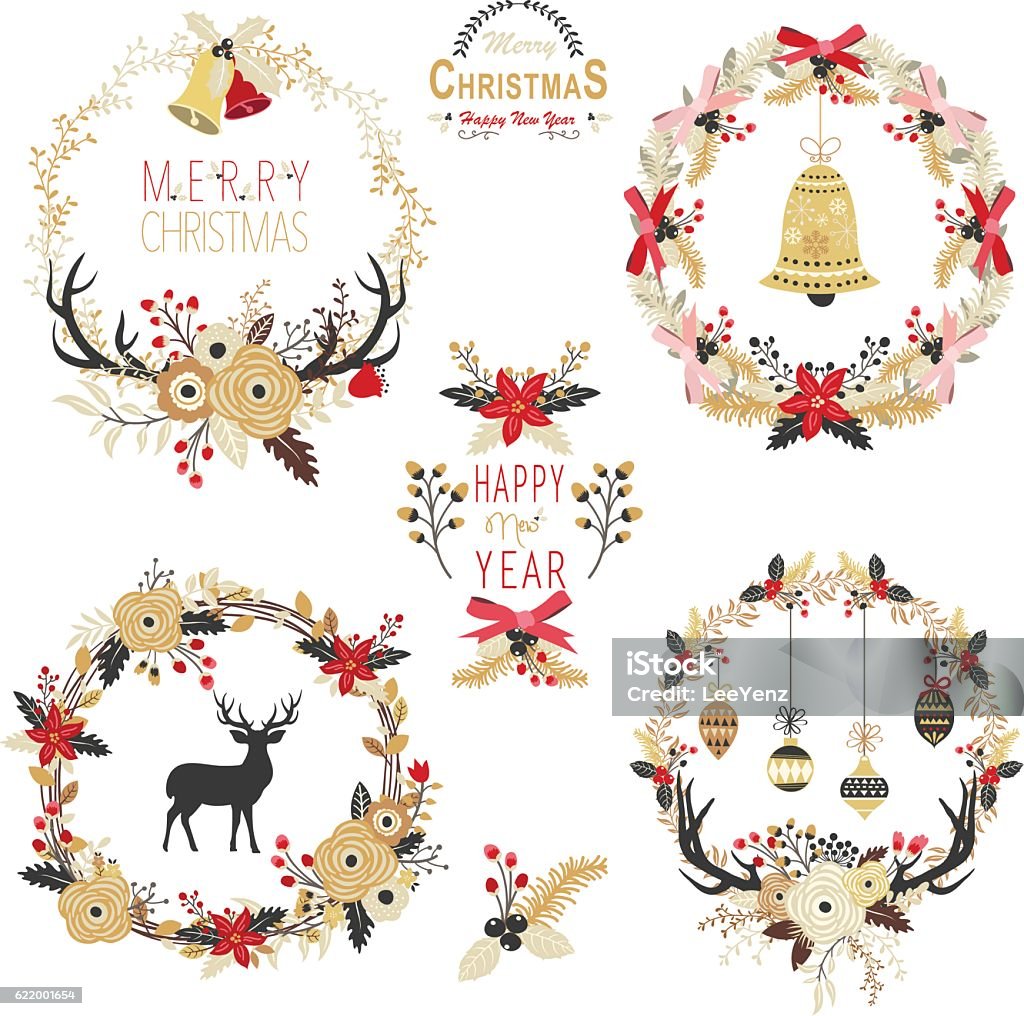 Gold Christmas Wreath Elements- illustration A vector illustration of Gold Christmas Wreath Elements. Perfect for Christmas, Greeting Card, Happy New Year, Celebration, and many more.   Christmas stock vector