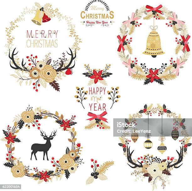 Gold Christmas Wreath Elements Illustration Stock Illustration - Download Image Now - Christmas, Chinese Lantern Lily, Laurel Wreath