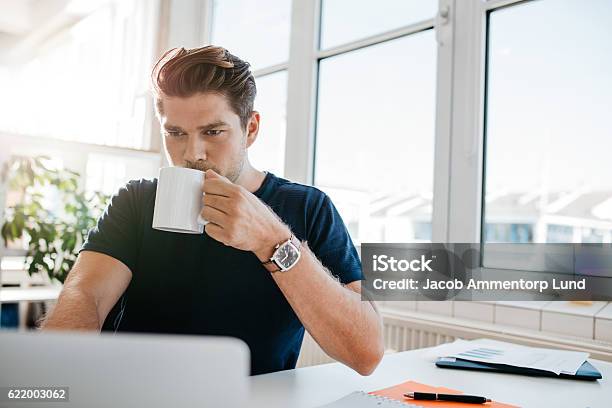 Geschäftsmann Trinkt Kaffee Und Arbeitet Am Laptop Im Büro Stockfoto und mehr Bilder von Kaffee - Getränk