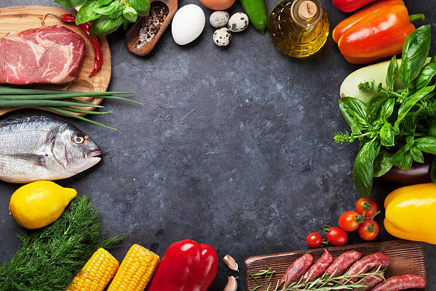 야채, 생선 및 육류 요리 - vegetable food freshness frame 뉴스 사진 이미지