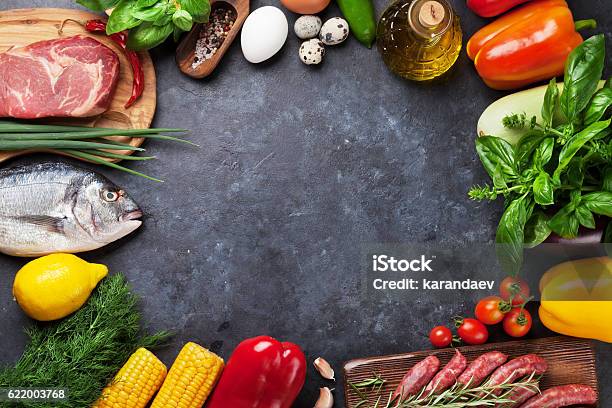 Vegetables Fish And Meat Cooking Stock Photo - Download Image Now - Meat, Vegetable, Freshness