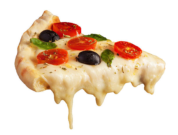 Hot pizza slice A hot pizza slice with dripping melted cheese. Isolated on white. melting stock pictures, royalty-free photos & images