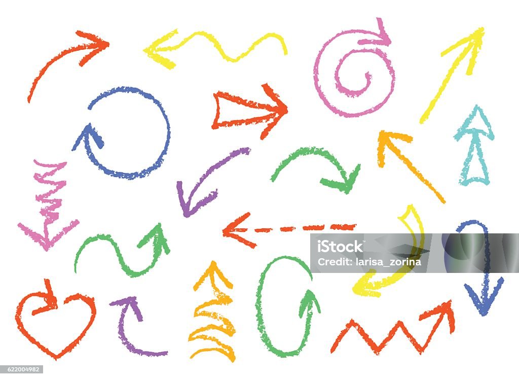 Set of hand drawn wax crayon fun colorful arrows. Hand painting red, pink, blue, yellow, green design elements. Vector collection on white background. Arrow Symbol stock vector