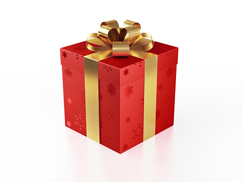 Realistic 3D render of a red gift box tied with a golden shiny ribbon. Gift box is wrapped with snowflakes patterened red gift paper. Gift box is isolated on white background. Clipping path for gift box and ribbon is included. Horizontal composition with copy space, Great use for christmas related gift concepts.