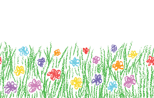 istock Wax crayon hand drawn green grass with color flower 622005458