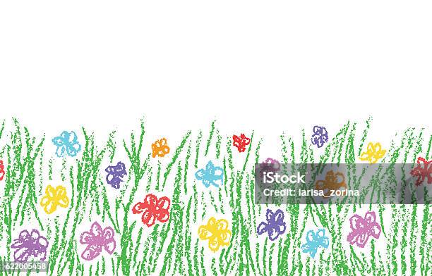 Wax Crayon Hand Drawn Green Grass With Color Flower Stock Illustration - Download Image Now