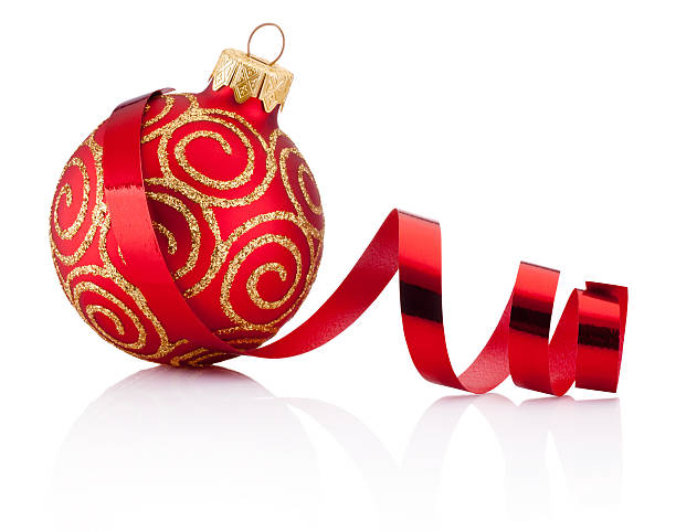 istock Red Christmas decoration bauble and curling paper Isolated on white 622005886