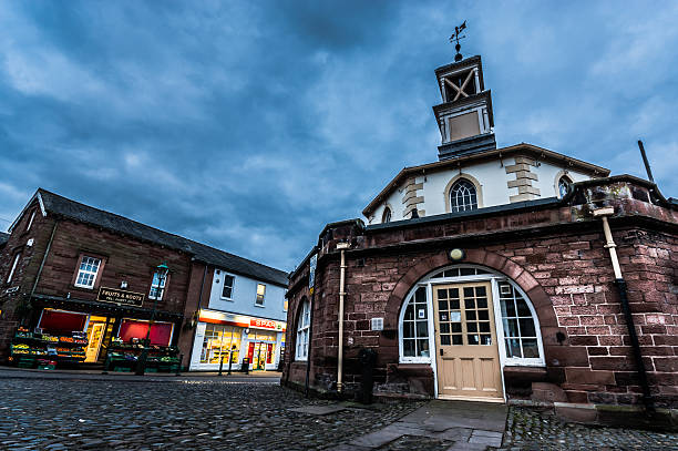 Brampton, Cumbria, United Kingdom - February 26, 2016: Moot Hall in Brampton in the early morning.  The Moot Hall was built in 1817 and now serves as Brampton's tourist office