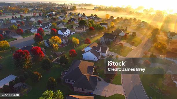 Magical Sunrise Over Sleepy Foggy Neighborhood Stock Photo - Download Image Now - Community, Residential District, House