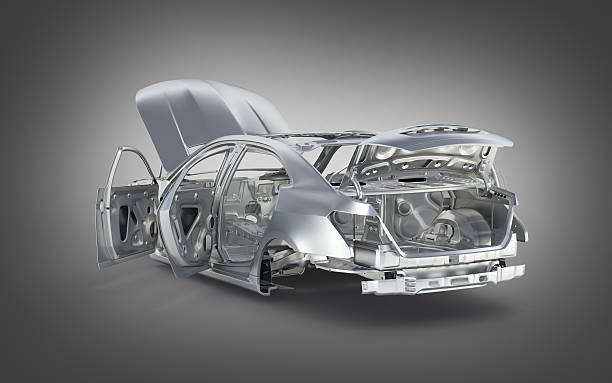 회색 그라데이션 배경 3d에 바퀴가 없는 바디 카 - car bodywork 뉴스 사진 이미지