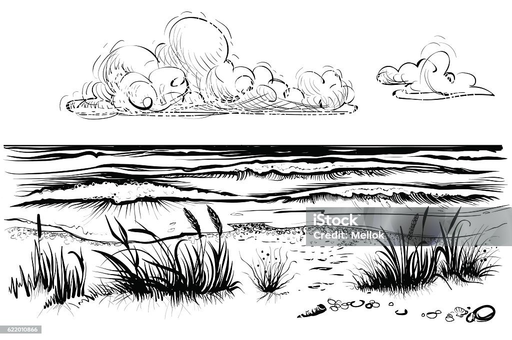 Ocean or sea beach with waves, sketch. Ocean or sea beach with waves, sketch. Black and white vector illustration of sea shore with grass and clouds. Hand drawn seaside view. Beach stock vector