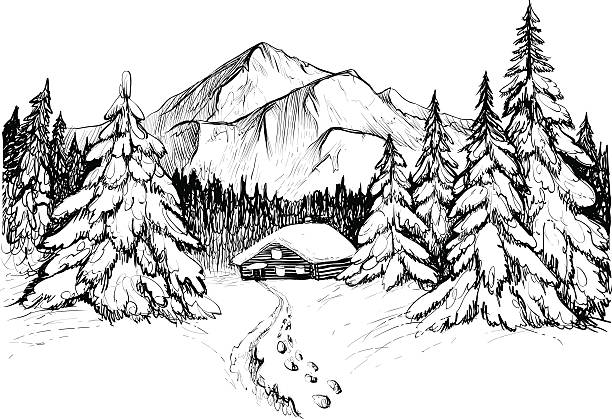 산과 집의 겨울 숲, 스케치 - mountain engraving drawing illustration and painting stock illustrations