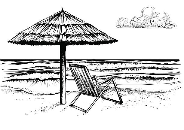 ilustrações de stock, clip art, desenhos animados e ícones de beach with waves, parasol and chaise longue. - engraving engraved image coastline illustration and painting