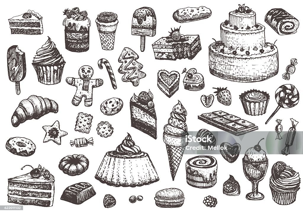 Sweet collection of drawings. Sweet collection of drawings. Illustrations of cakes, pies, biscuits, ice cream, cookies, sweets and other confectionery products. Hand drawn sketch in vintage style. Cake stock vector