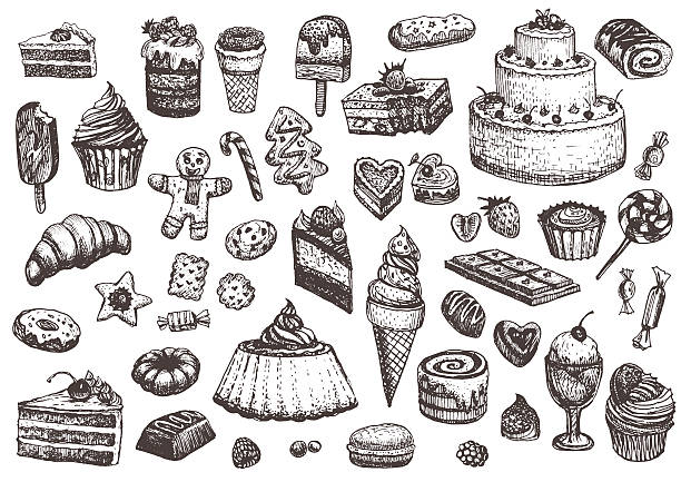 Sweet collection of drawings. Sweet collection of drawings. Illustrations of cakes, pies, biscuits, ice cream, cookies, sweets and other confectionery products. Hand drawn sketch in vintage style. baked pastry item stock illustrations