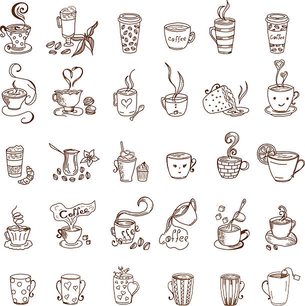 커피 컵과 티 컵 낙서 세트 - design element circle computer graphic coffee stock illustrations