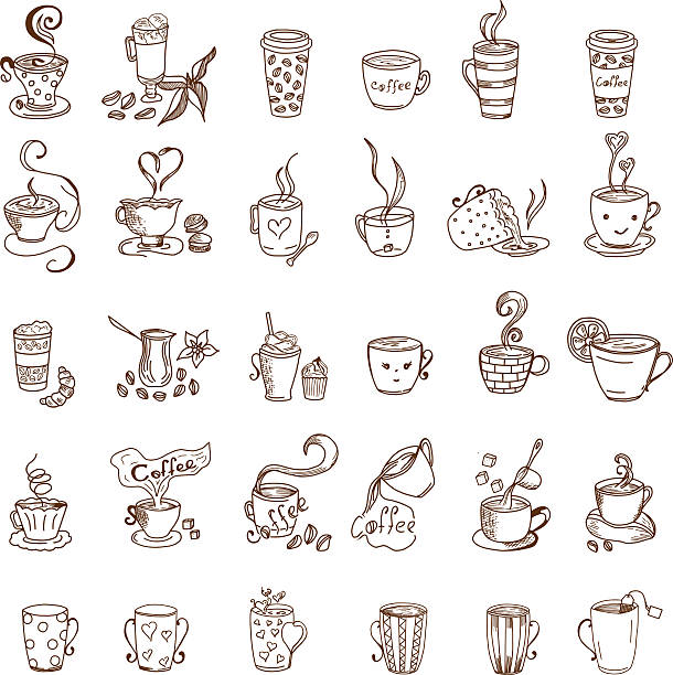 кофейные чашки и чайные чашки doodles набор - tea cup illustrations stock illustrations