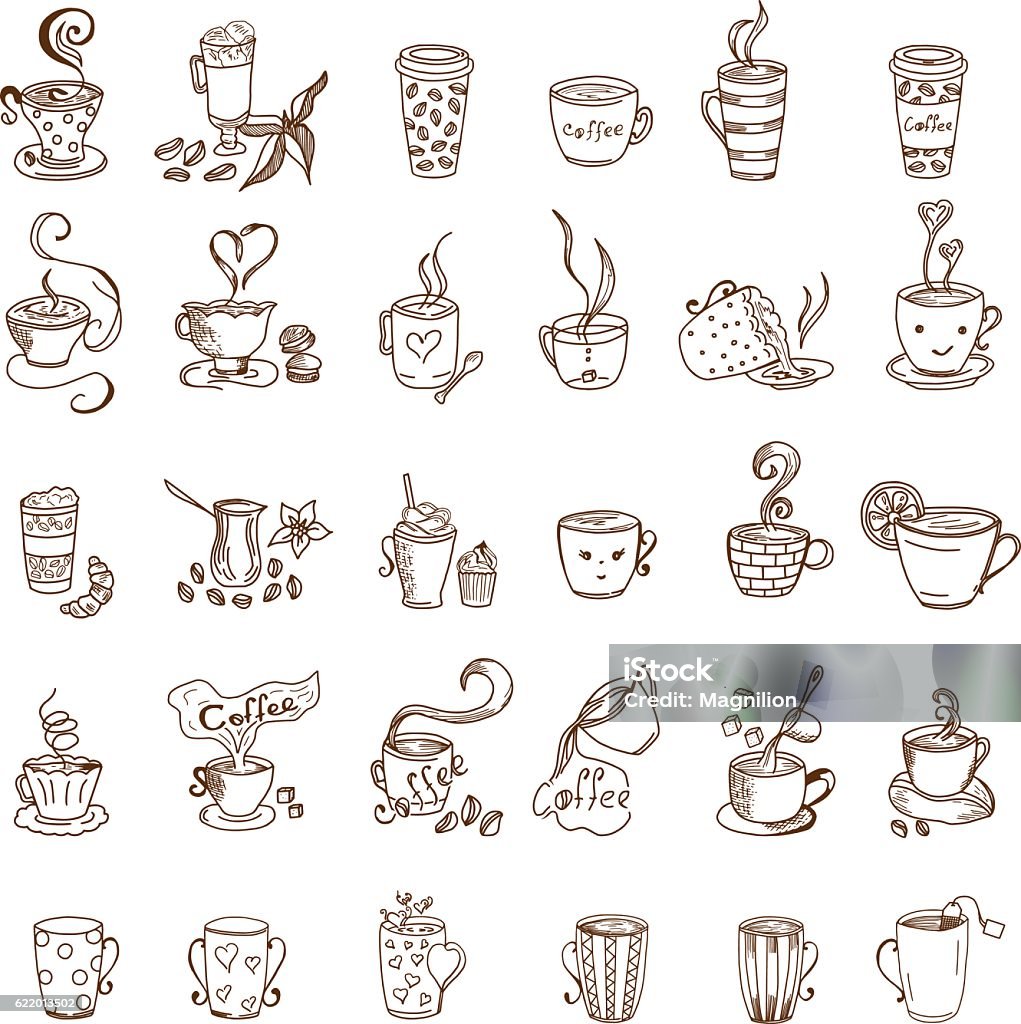 Coffee Cups and Tea Cups Doodles set  Coffee and tea cups doodles set. Vector illustration Coffee - Drink stock vector