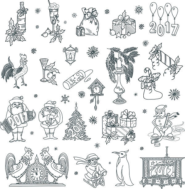 ilustrações de stock, clip art, desenhos animados e ícones de christmas and new year doodles set 2017 - balloon child winter snow